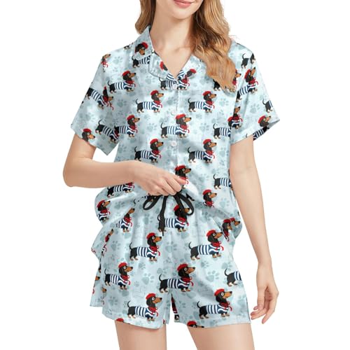 Image of Silk Satin Pajama Set for Women Summer Lounge Pjs Sets 2 Piece Suit Ladies Button Down Tops And Shorts Sleepwear