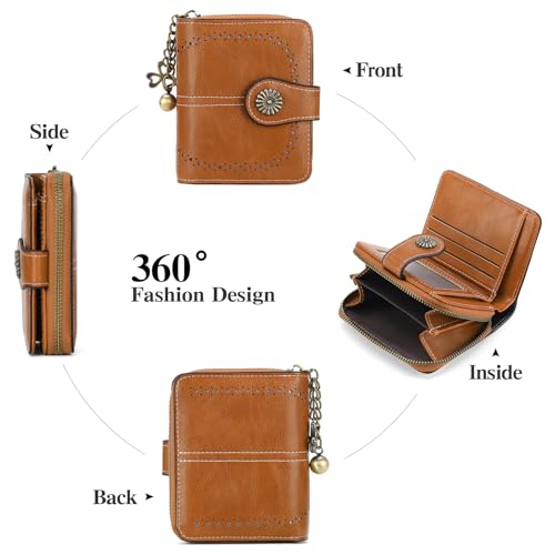 Image of Small Wallet for Women Leather Bifold Compact RFID Blocking with Zipper Coin Pocket