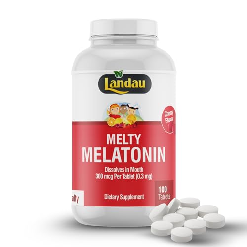 Landau 0.3mg-300 mcg Melty Melatonin for Kids & Adults Easy-to-Take Fast-Dissolving Helps You Fall Asleep Faster Kosher Made in The USA 100 Tablets Cherry Flavor