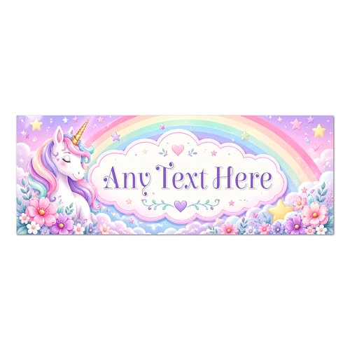 Image of Personalised Unicorn Rainbow Aluminium Door Sign For Nursery Or Bedroom - Pastel Magical Name Plaque With Stars Flowers Cloud Illustration