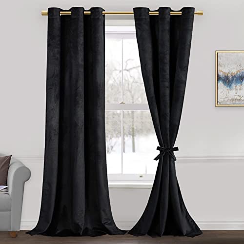 Jiuzhen Black 42 X 84 Inches Velvet Blackout Curtains - Retro Luxury Insulated Window Covering Noise Absorbing & Privacy Protect Drapes For Living Room/Indoor Decorations, Set Of 2 With Tiebacks #TOP5