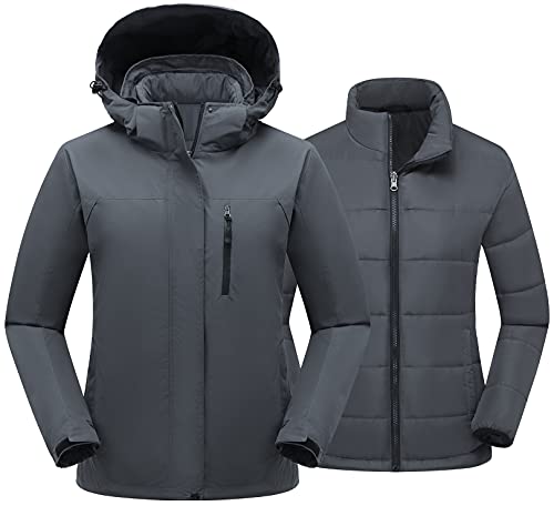 Ptsoc Women's 3 In 1 Waterproof Ski Jacket Warm Winter Snow Coat Windproof Hooded Snowboarding Raincoat Gray X-Small #TOP1