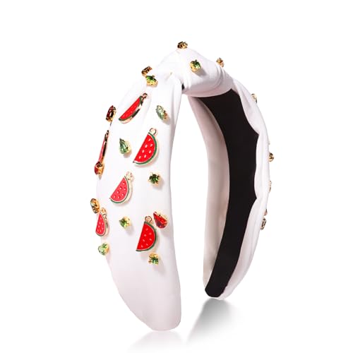 サマーフルーツヘッドバンド 女性用 女の子用 夏用トロピカルヘアバンド スイカフルーツ ラインストーン デザイン 宝石付き 結び目 ヘッドバンド サマービーチ ヘアアクセサリー 休暇用 ハワイアンパーティー 1個