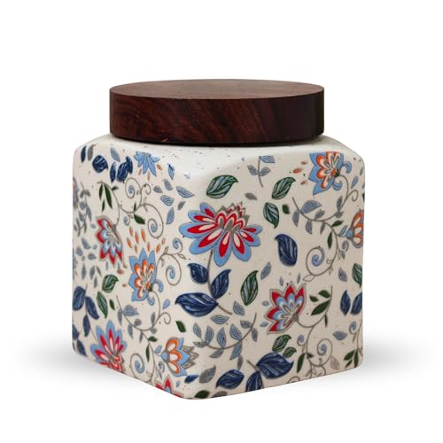 Image of Vistas 'Blue Bloom' Airtight 400ml Set of 4 Ceramic Jars for Kitchen Storage | Handcrafted Ceramic Barni with Wooden Lid | Multipurpose Pickle, Spice & Salt Container