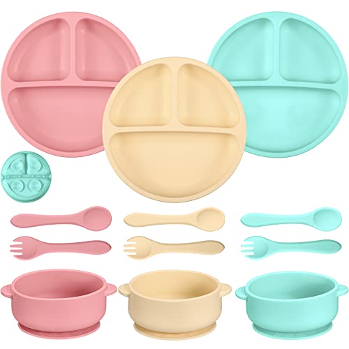Image of Chengu 9 Pcs Silicone Baby Toddler Suction Plates and Suction Bowls with Spoon Fork Baby Boy Girl Divided Plate Feeding Set Kids Utensils Gifts Dishwasher and Microwave Safe(Light Colors)