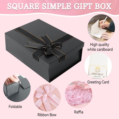 Geschenkbox mit Deckel, Geschenkbox Geburtstag, Rechteckige Geschenkverpackung Geburtstag mit Schleife, Geschenkkarton mit Deckel Raffia und Grußkarten, für Hochzeiten Jahrestage (Rosa)