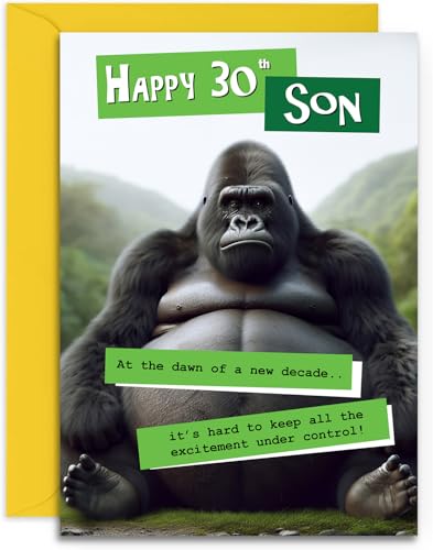 Divertente biglietto di auguri per il 30° compleanno del figlio, design con gorilla scontroso per lui, divertente biglietto di auguri per i 30 anni per figlio, formato A5, con busta gialla