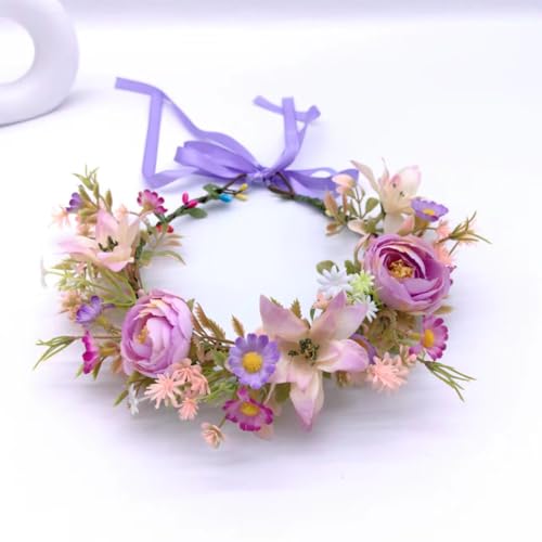 ZYWQ Blumenkranz Blume Krone Stirnband, Zartes Blumen Haarband, Blumenkrone mit Band für Frauen und Mädchen (Lila)