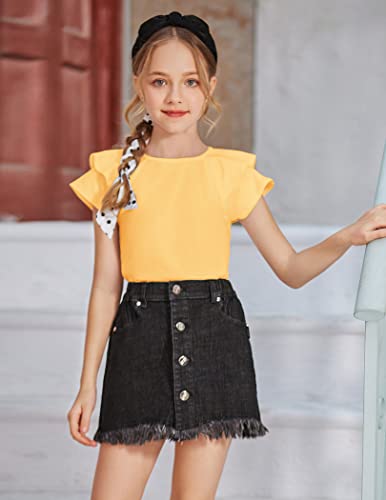 Image of Girls T Shirts Ruffle Short Sleeve Round Neck Loose Blouse Summer Solid Color Casual Girl Tee Tops for 3-12 Years