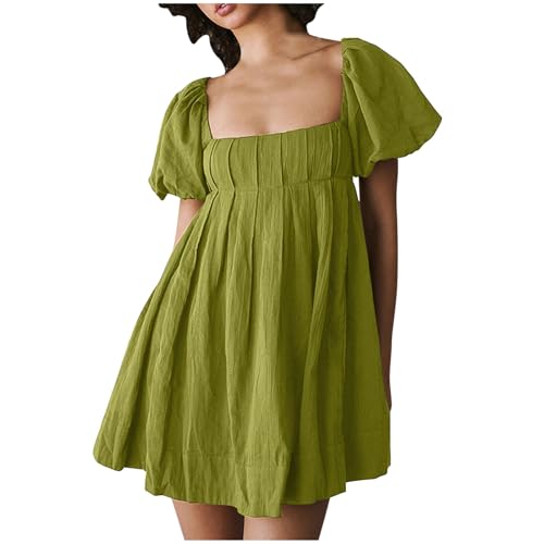 Women Summer Square Neck Puff Sleeve Dress Casual Criss Cross Lace Up  Backless Pleated Babydoll Y2k A-Line Mini Dresses Army Green at Amazon  Women's Clothing store