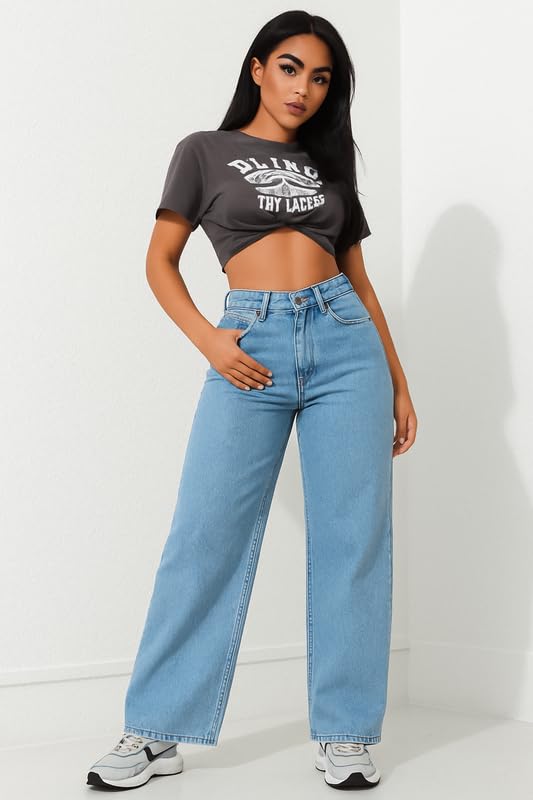 Image of London Hills Women's High Rise Wide Leg Jeans | Relaxed Fit Baggy Denim Pants | Stylish Straight Fit Comfortable Casual Wear Jeans for Women (Black)