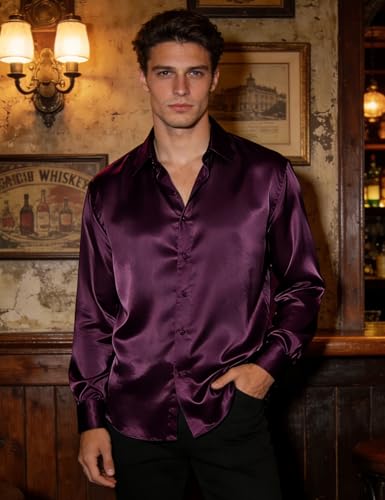 Image of Hi-Tie Men's Silk Satin Dress Shirts Long Sleeve Shiny Casual Button Up Shirts Luxury Party Disco Prom Wedding Shirt