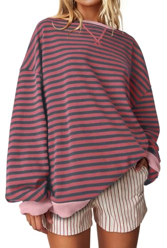 Image of UEU Women Oversized Striped Crewneck Sweatshirt Long Sleeve Color Block Pullover Tops Casual Loose Workout Shirt