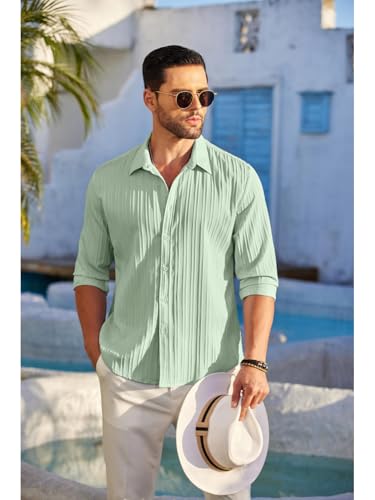Image of DEELMO Combo of Men's Casual Button Down Shirts Long Sleeve Linen Shirt Fashion Textured Summer Shirts Pack of 2