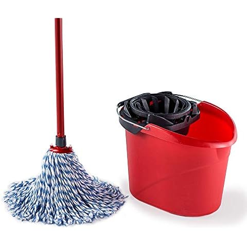 Vileda SuperMocio Microfibre and Cotton Mop and Bucket Set, Mop for Cleaning Floors, Set of 1x Mop and 1x Bucket, Blue/White Cover