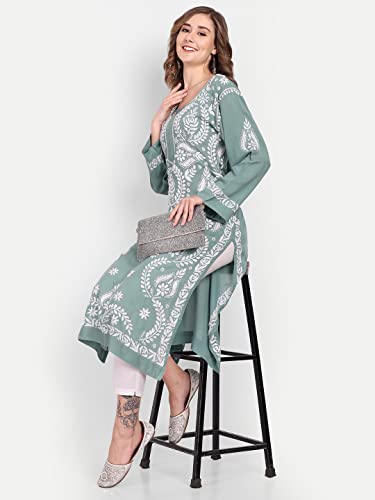 Image of indiankala4u Women's Hand Embroidered Chikankari Kurta for Women | Modal Cotton Straight Kurti | Lucknowi Chikan Work Ethnic Kurta | Full Sleeve Festive Office Wear