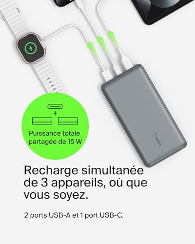 Belkin Batterie Externe USB-C 20000mAh (Power Bank Puissance de 20K, entrée et Sortie USB-C, 2 Ports USB-A, câble USB-C vers USB-A fourni, pour iPhone, Galaxy, Pixel, iPad, AirPods) - Gris sidéral