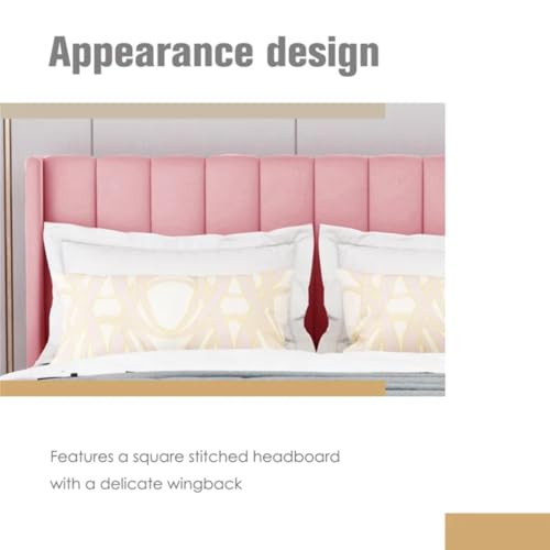 Image of Low Profile Upholstered Platform Bed with Winback Headboard | Bed King Size | Bed Without Storage | Upholstered Beds King Size | Mattress not Included | Pink
