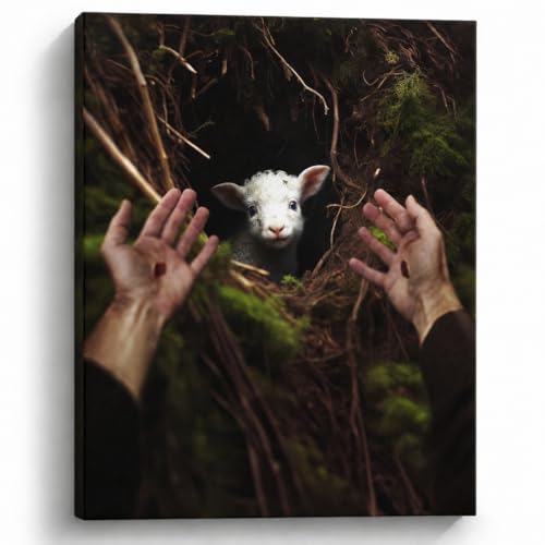 Image of GUN SUPPLIES OUTLET LLC Jesus and Lamb Canvas Wall Art Jesus Reaches Down to Rescue A Lamb Picture Wall Art Christian Home Decor 16x20 inch