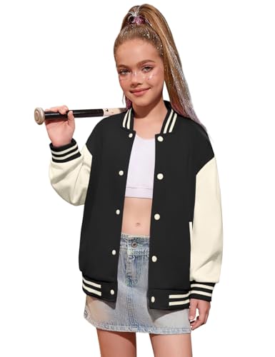 Girls Varsity Bomber Jacket Casual Button Lightweight Sweatshirt Baseball Color Block Jacket Outwear With Pockets