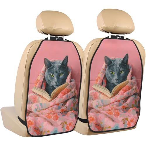 Russian Blue Cat Reading A Book Car Seat Back Kick Protectors,2 Pack Kick Mats with Storage Pockets for Vehicles to Protect from Dirt Mud Scratches