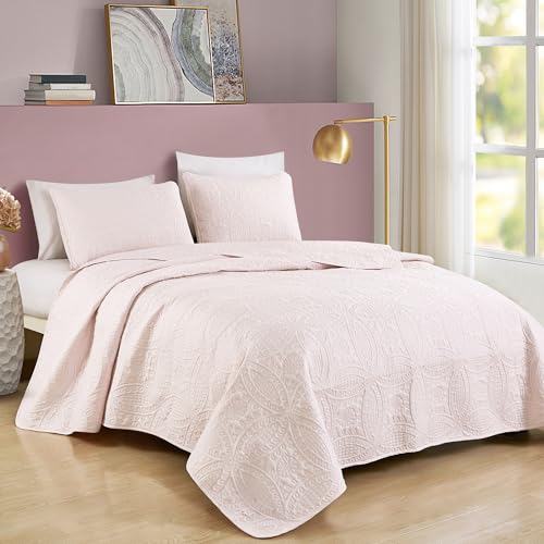 Image of Chezmoi Collection Austin Full /Double Oversized Bedspread Set, 3-Piece Pinsonic Quilted Lightweight Microfiber Bedspread Coverlet, Pink