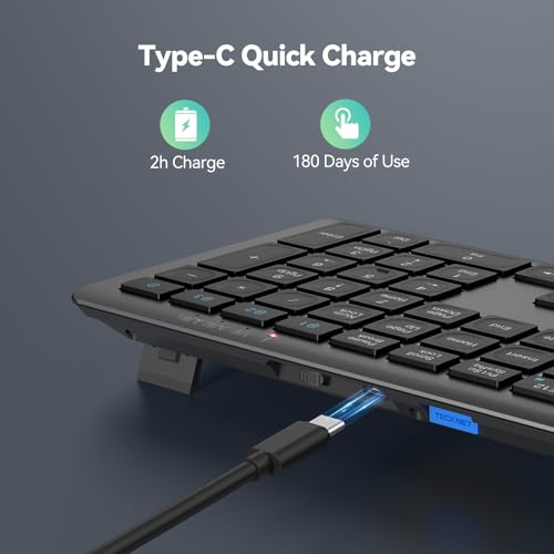 TECKNET Wireless Keyboard, Rechargeable 2.4GHz USB Bluetooth Keyboard for 4 Multi Devices, Ultra Slim Full Size UK Layout Keyboards for Computer, Laptop, Tablet, Desktop, Phone (Grey Black) - Image 4