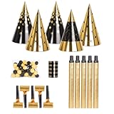 P'TIT CLOWN - 24360 - Kit Cotillons 5 Personnes - Accessoires de Fête Nouvel An - Chapeaux Sarbacanes Confettis Serpentins - Party Set New Year - Or et Noir