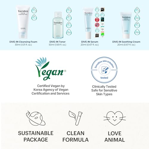 Torriden DIVE IN Trial Kit | Hyaluronic Acid Infused Daily Skincare Kit - 4 Step Regimen with Foam Cleanser, Facial Toner, Serum, and Cream | Korean Skin Care Set