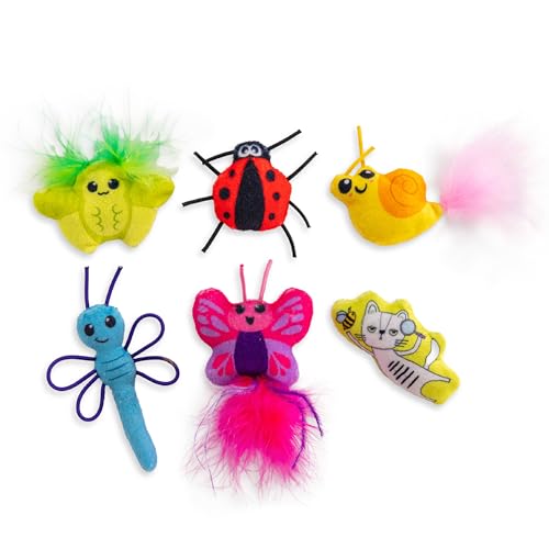Catstages Cute As A Bug Plush Interactive Cat Toys, Bug Themed Kicker Catnip Toys with Feathers, Crinkle, Mesh, 6pk, Small, Multicolored
