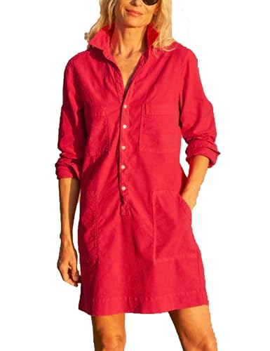 Zontroldy Women's Summer Collared Long Rolled Up Sleeve Button Down Cotton Shirt Dress Safari Dresses with Pockets(1538-Red-M)