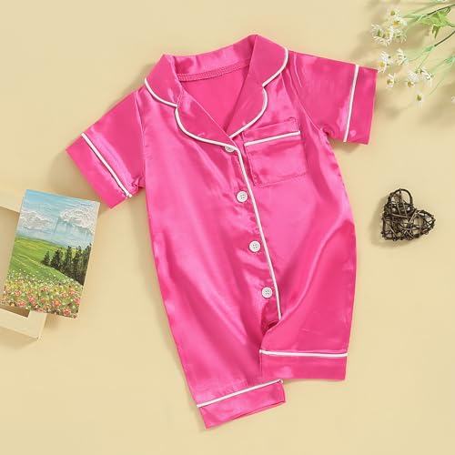 Infant Baby Girl Boy Silk Jumpsuit Pajamas Short Sleeve Button-Up Satin Pjs Footie One-Piece Romper Pajama Nightgown2