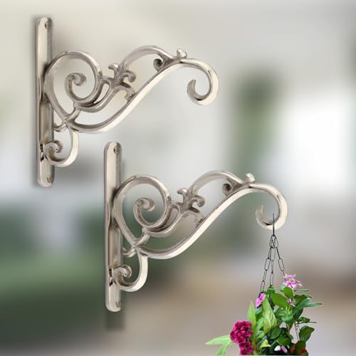 Image of GHAR DWAR Metal Wall Hook Hanging Plant Bracket Decorative Straight Plant Hanger for Pots, Bird Feeders, Planters, Lanterns, Macrame, Wind Chimes Indoor Outdoor (Pack of 2, Silver)