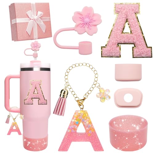 Miglaja Pink Accessories for Stanley Cup 30OZ 40OZ, All Accessories Gift Box Contain Flower Straw Topper, Sillicone Boot, Letter Stickers and Pendants,Spill Stopper Set (Pink A)