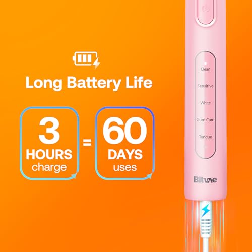 Image of Bitvae R1 Rotating Electric Toothbrush with 8 Brush Heads for Adults and Kids, 5 Modes Rechargeable Power Toothbrush, 3 Hours Fast Charge for 60 Days, Brushing Timer, Pink