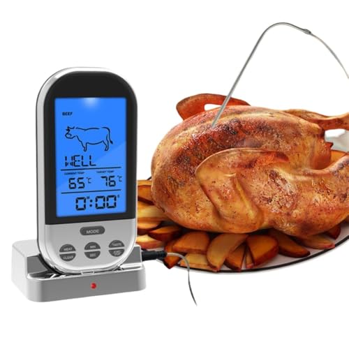 ワイヤレス 肉用温度計、調理用温度計 0-250℃ キッチン調理用 デュアルプロフェッショナルデジタルクッキングアラーム付き 肉油 天ぷら ローストビーフ 折りたたみ式オーブンBBQ用 (シルバー,119*60*28MM)