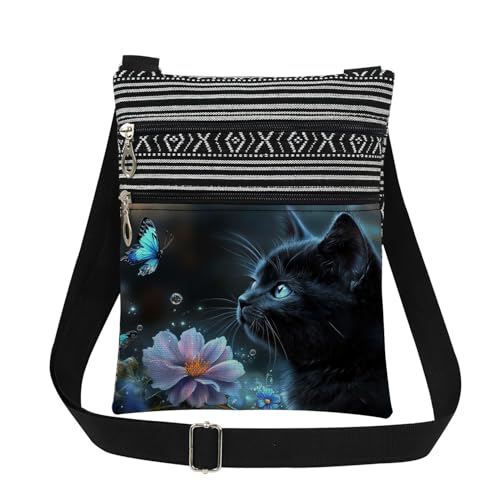XiaoGalaee Black Cat Blue Butterfly Adjustable Strap Crossbody Bag Flowers with Black Kitty Print for Animal Lover Messenger Bag Daily Use Zipper Purse Christmas Birthday Gift for Cat Lover