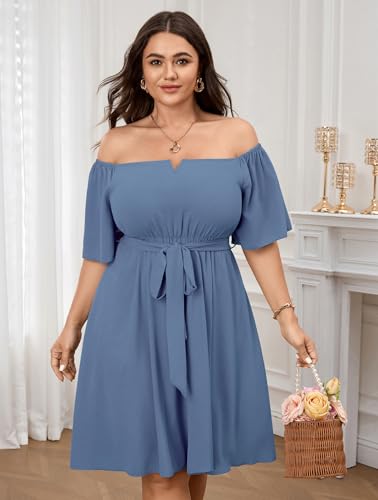 Image of SCOMCHIC Womens Plus Size Cocktail Dress Summer Off Shoulder Short Sleeve Flowy Ruffle A-Line Cute Mini Dress with Belt