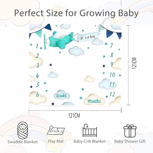 Image of Airplane Theme Baby Monthly Milestone Blanket for Boys, Soft Flannel Aircraft Pilot Cloud Stars Pattern Photography Prop Baby Shower Age Newborn Mom Gifts Nursery Decor (Turquoise, 48x48in)