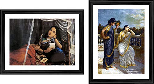 Image of Adventures� *Women in Deep Thoughts of Love*- Two Paintings by Raja Ravi Varma, Set of 2 Wall D�cor Frames. Matt Satin Print with MDF & 1 inchPS Black Frame. Size 14 inchx18 inch each.
