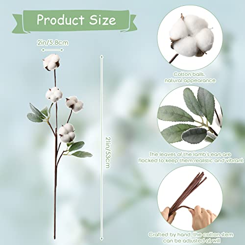 12 Pcs Wedding Cotton Stems 21 Inch Artificial Fake Cotton Flower Branches With Lambs Ear Leaves Decor Farmhouse Faux Cotton Plant Floral Small Cotton Branch For Wedding Bouquet Home Fall Vase #TOP1