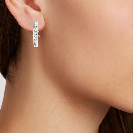 1.00 Ct Channel Set Simulated Diamond J Hoop Earrings with Omega Back 925 Sterling Silver 14k White Gold Finish