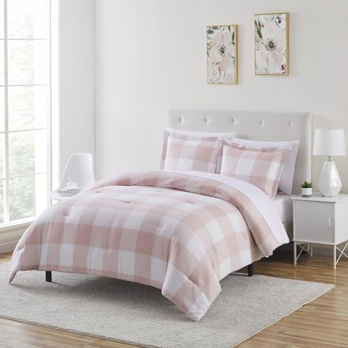 King Size Comforter Set with Sheets - 7-Piece Bedding Collection - 1 Comforter, 1 Fitted Sheet, 1 Flat, 4 Pillowcases - Deep Pocket - Soft & Premium Quality - Ideal for All Seasons Checkered Box Blush