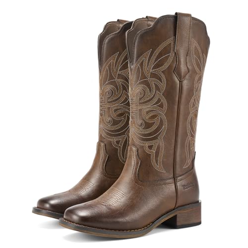 Rollda Cowgirl Boots Cowboy Boots for Women Square Toe Mid Calf Western Boots Ladies Fashion Boots with Chunky Heel Bronze Size 8