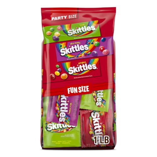 Wrigley's Skittles Fun Size Original, Wild Berry, and Sour Chewy Individually Wrapped Stocking Stuffers Christmas Candy Variety Pack, 26.46 Oz Bulk Bag