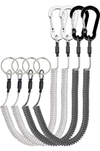 Lix&Rix Kayak Accessories Coiled Lanyard Tethers with Carabinier for Fishing Leash Tackle Tool, Black Silver 4pcs