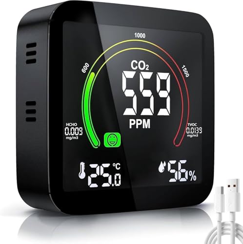 focombance Medidor CO2 Detector CO2 Gas, 5 en 1 Detector de CO2 con Pantalla LED Medidor de Humedad y Temperatura TVOC HCHO Dormitorio Oficina Coche