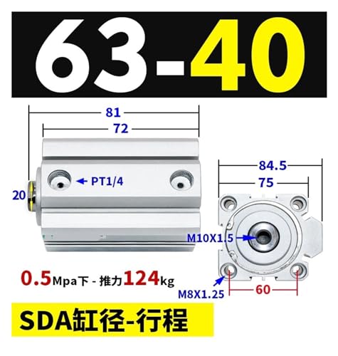 Cylindre compact à double effet SDA63 avec alésage 63mm et course 40mm - 3