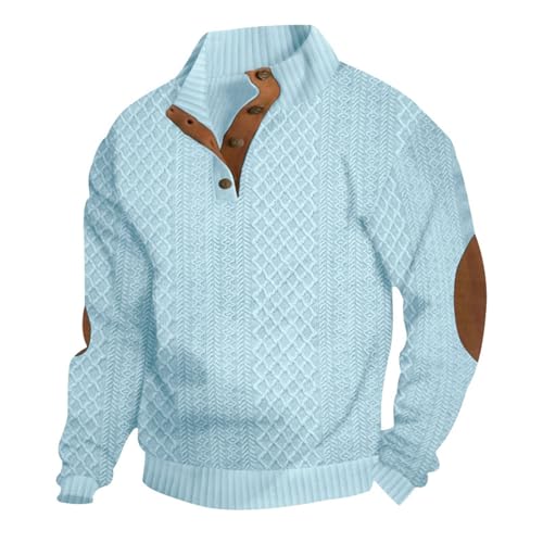 Men's Casual Sweatshirt Jacquard Stand Collar Button Elbow Patch Long Sleeve Pullover Tops Vintage Western Shirt Tops