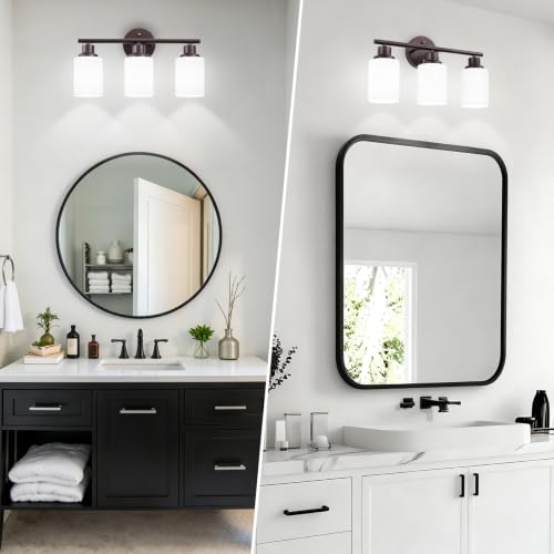 Image of 3-Light Bathroom Light Fixtures, Vanity Lights for Mirror with Textured Milky White Glass Shade, Modern Kitchen Light Fixtures Wall Sconce Light - E26 Base - Oil-Rubbed Bronze